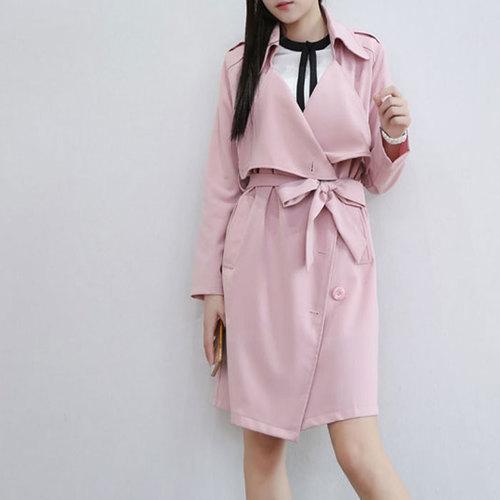 2015秋裝新款韓版女裝中長(zhǎng)款皮粉色休閑大碼寬松 女士風(fēng)衣外套_服飾鞋